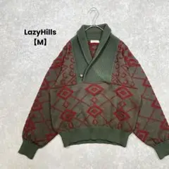 a659＊LazyHillsＶネックニット　深緑×赤【M】　古着 ウール100%