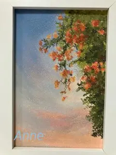 【オリジナル原画】　オイルパステル　夕暮れのノウゼンカズラ　パステル　夏の花