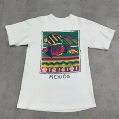 メキシコ　スーベニア　魚　イラスト　アート　半袖Tシャツ　古着　ホワイト　白　S