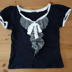 ブラック ストライプリボン 半袖Tシャツ