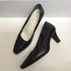 美品 MELMO メルモ 本革 型押しパンプス ブラック 23.0 2E