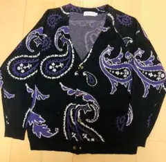 ペイズリー　ニット　カーディガン　Lサイズ　黒　紫