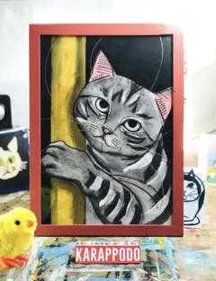 猫　イラスト　絵　パステル　原画　A4 サイズ