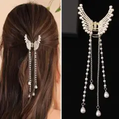 蝶 パール ロング ヘアクリップ ゴールド レディース フリンジ ヘアアクセ