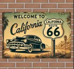 【ブリキ看板】カリフォルニア ルート６６　クラッシックカー　ガレージレトロ看板
