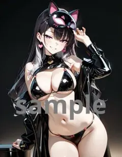 AI美女アニメイラスト A4ポスター ハロウィン猫マスクコスプレ彼女@511