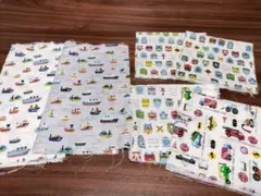 ダブルガーゼ綿生地はぎれ6枚☆船と新幹線、はたらくくるま柄/ハンドメイドハンカチ