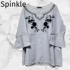 ＊Sprinkle＊【M】ストライプカットソー花柄刺繍ボリュームスリーブ　七分袖