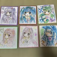 手描きイラスト。小色紙。６枚セット。女の子