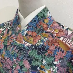 【春】15211t 着物 小紋 家屋に花植物文様