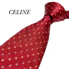 極美品　セリーヌ　CELINE ネクタイ　マカダム　トリンオフ　レッド　赤　艶