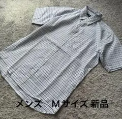 メンズ さらっと羽織って涼しさ実感チェック冷感半袖シャツ青系M新品