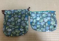 【ハンドメイド】グリーン系 花柄 ポーチ&巾着
