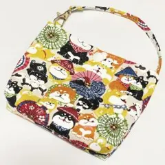芝犬　番傘柄　バッグポーチ　ベージュ　ハンドメイド
