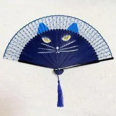 猫デザイン ネイビー 扇子 タッセル付き