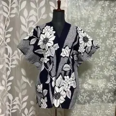 浴衣リメイク 浴衣反物 Vネック カフタン ブラウス 紺 白花 絞り風 16