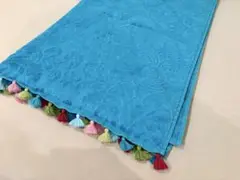 【美品】ジャガード タッセル付きタオルケット ブルー