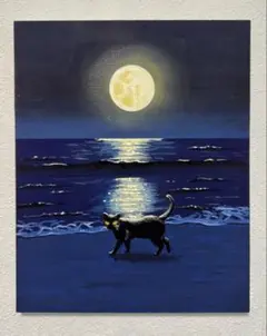 原画　黒猫と夜の海　F3キャンバス　アクリル画　ハンドメイド　イラスト　手描き