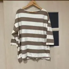 茶色と白のストライプ 五分袖Tシャツ LLサイズ