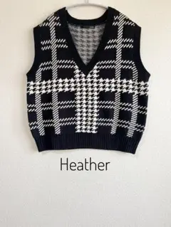 Heather ヘザー Vネック ニット ベスト F ブラック×オフホワイト