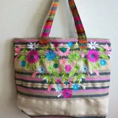 刺繍✖エスニックストライプインド織りトートバッグ