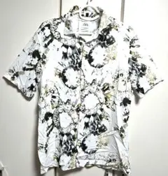 ZARA ザラ ダイダイ柄 半袖 レーヨン シャツ メンズ M　ホワイト
