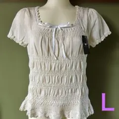 新品 スクエアネック ブラウス♡ベージュ Ｌ　リボン