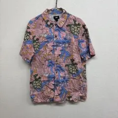 P73 H&M 半袖柄シャツ　派手柄　ピンク　メンズS 空想生物