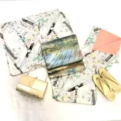 【2393】着物 小紋 正絹 袷 牡丹 菊 椿 梅 楓 単品販売♪