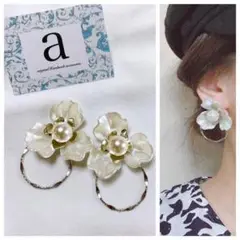 2285-2 2way シルバー☺︎ホワイトフラワーとパールのピアス×フープ☺︎