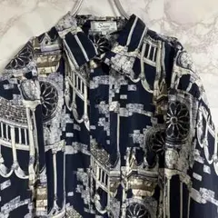 【シルク１００％】ＳＮＯＷ　シルク総柄シャツ　Ｍ　ネイビー　歯車