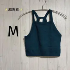 美品✨古着❣️(M)ダークティール リブ編み キャミソール クロスストラップ