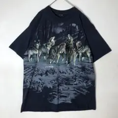 2922　オオカミ　 アニマル　両面　ビッグプリント　半袖　Tシャツ　紺