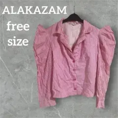 希少♡ ALAKAZAM 【フリー】パフスリーブ シャツ ピンク ストライプ