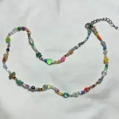 ハンドメイド　パールカラフルフラワービーズネックレス
