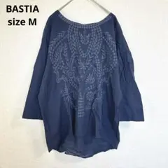 【バスティア】七分袖チュニック ブラウス 刺繍 シンプル コットン100% M