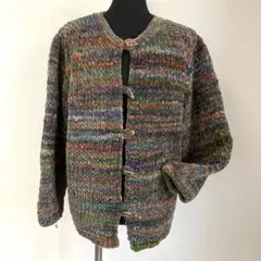 手作りハンドメイド モール毛糸 手編み ジャケット M~LL 水牛ボタン