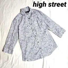 美品【high street】七分袖 総柄シャツ ホワイト×ブルー M コットン