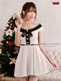 ROBE de FLEURS ラメツィードリボンオフショルミニフレアキャバドレス