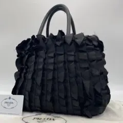 プラダ フリル ハンドバッグ ハート チャーム ナイロン レザー 黒