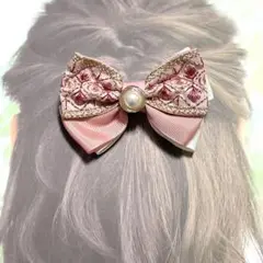 インド刺繍リボン ピンクリボンヘアゴム くすみカラー