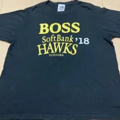 福岡ソフトバンクホークスのBOSSロゴTシャツ、Lサイズ、黒色。