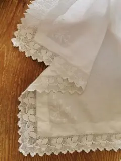 アンティークイギリス クローバークロシェ編トリム 白糸花刺繍 ドット地模様