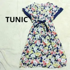 TUNIC　鴨居羊子　花柄カットソー　ワンピース 半袖 ネイビー