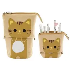 【N41】（ブラウン） 猫 ネコ ペンケース 筆箱 自立 中学校 高校生 縦型
