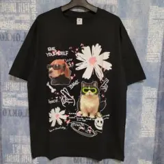 オーバーサイズ 手書き風アニマルプリントクルーネック半袖T XL 犬猫花