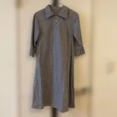 チェック柄シャツワンピース 七分袖 ネイビー
