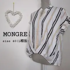 MONGRES ストライプ 半袖シャツ スキッパー　ブラウス L ホワイト