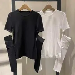 ブラック【モード系】ロングスリーブ付 半袖Tシャツ 黒 白 ユニセックス 韓国