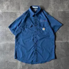 00s Carhartt ワークシャツ M 企業ロゴ刺繍 青 A334